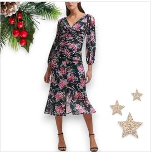 New GUESS  Floral Ruched Midi Dress sz 14